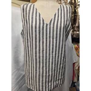 NEW FABULOUS MJ NEW YORK women's linen v neck tank in black/white stripe